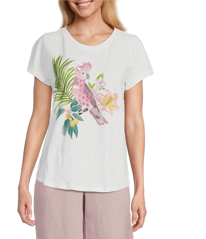 Tommy Bahama Tropical Bliss Printed Lux Organic Cotton Slub Jersey Crew Neck Sequin Embroidered T-Shirt