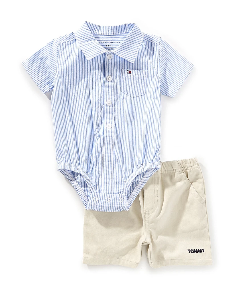 Tommy Hilfiger Baby Boys Short-Sleeve Striped Bodysuit & Solid Cargo Shorts Set