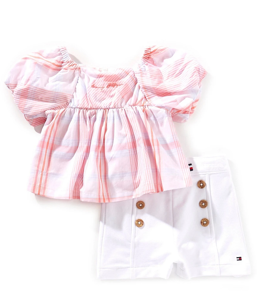 Tommy Hilfiger Baby Girls Puffed-Sleeve Plaid Woven Top & Coordinating French Terry Shorts Set
