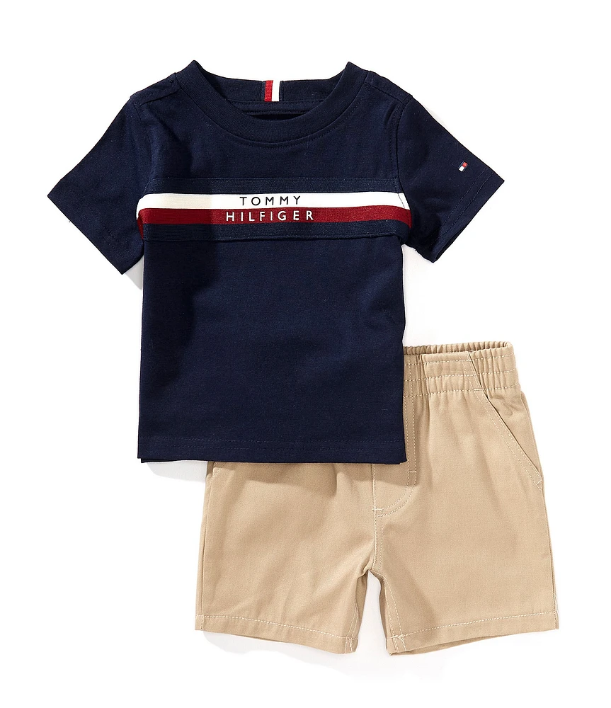 Tommy Hilfiger Little Boys Short Sleeve Crewneck Chest Stripe T-Shirt & Twill Shorts 2-Piece Set