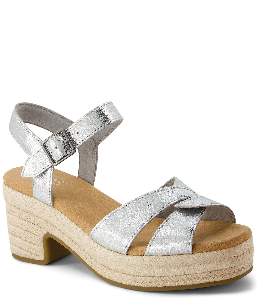 TOMS Isla Metallic Leather Espadrille Platform Block Heel Sandals