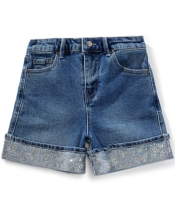 Tractr Big Girls Butterfly Rhinestone Cuffed Denim Shorts
