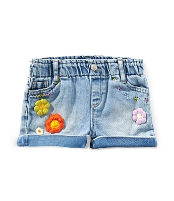 Tractr Little Girls Crocheted-Flower-Patch Denim Shorts