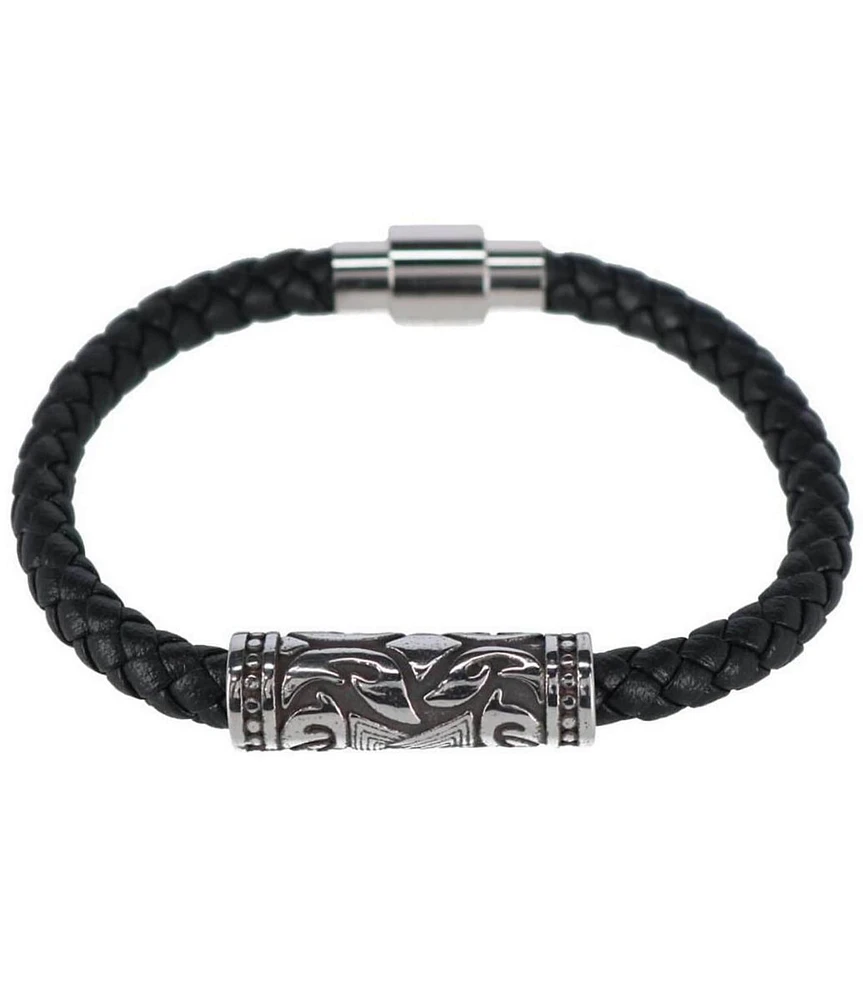 Trafalgar Silver Filigree Pattern On Black Leather Bracelet
