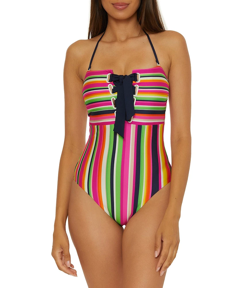 Trina Turk Anniversary Stripe Corset Lace-Up Halter Neck One Piece Swimsuit