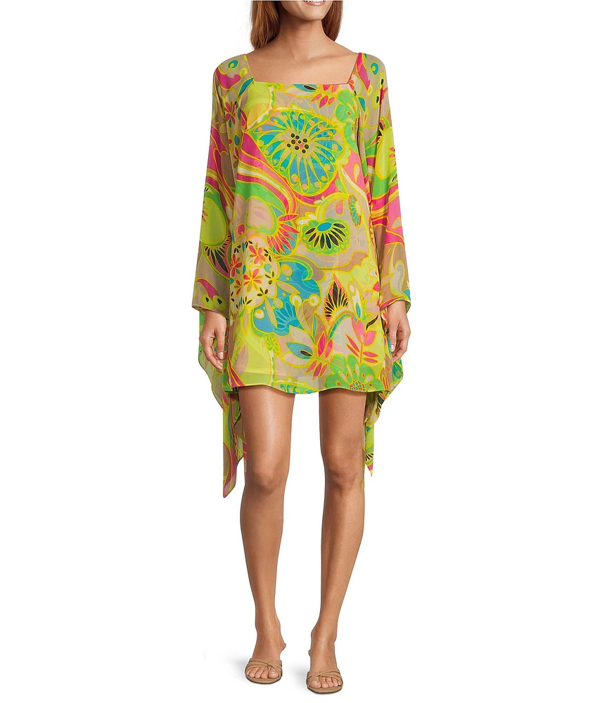 Trina Turk Aqualane Printed Georgette Boat Neck Long Sleeve Flowy Dress