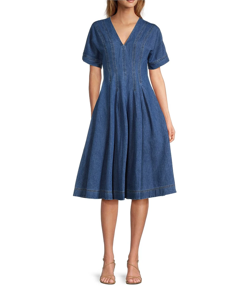 Trina Turk Ashe Denim V-Neck Short Sleeve A-line Midi Dress
