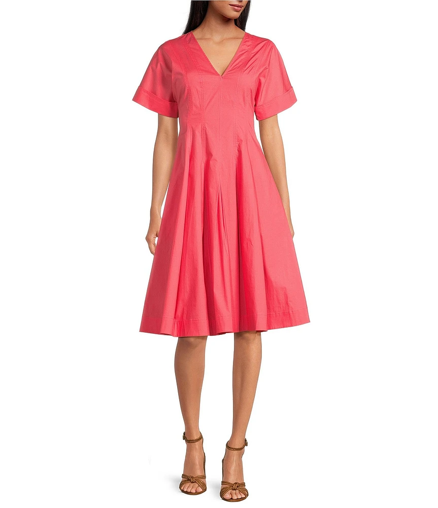 Trina Turk Ashe Poplin V-Neck Short Sleeve Fit-And-Flare Midi Dress