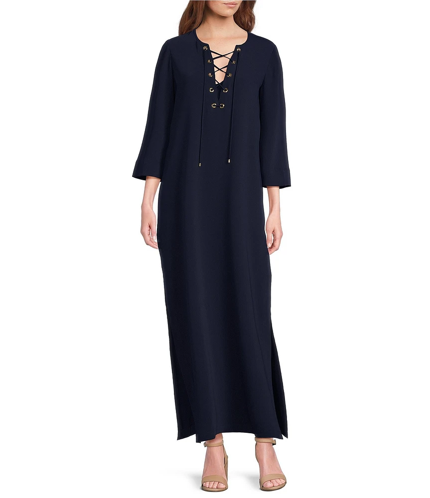 Trina Turk Catamaran Double Georgette Lace-Up V-Neck 3/4 Sleeve Maxi Dress
