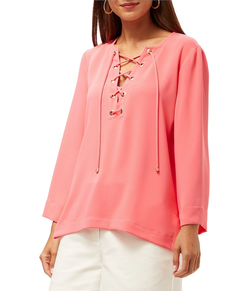 Trina Turk Catamaran Georgette Lace Up V-Neck Long Sleeve Top