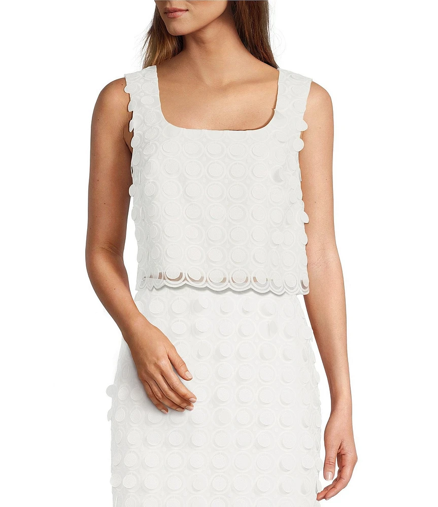 Trina Turk Embroidered Dot Square Neck Sleeveless Scallop Hem Top
