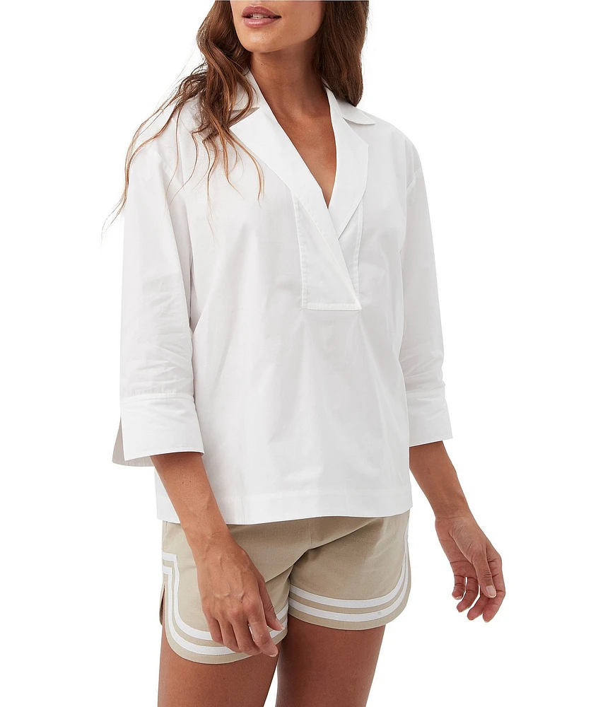 Trina Turk Envie Stretch Poplin Notch Collar V-Neck 3/4 Sleeve Top