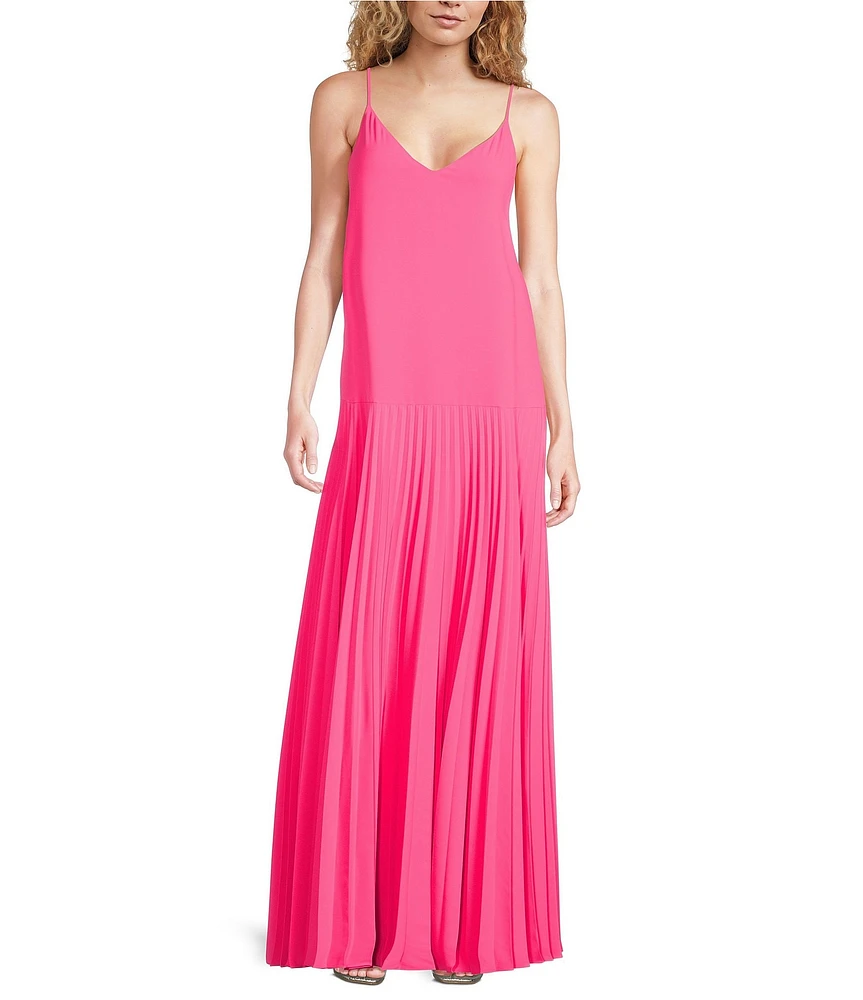 Trina Turk Georgette V-Neck Sleeveless Pleated Maxi Dress