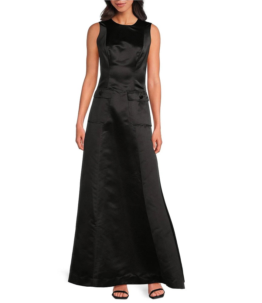 Trina Turk Guinevere Dutchess Satin Round Neck Sleeveless A-Line Maxi Dress