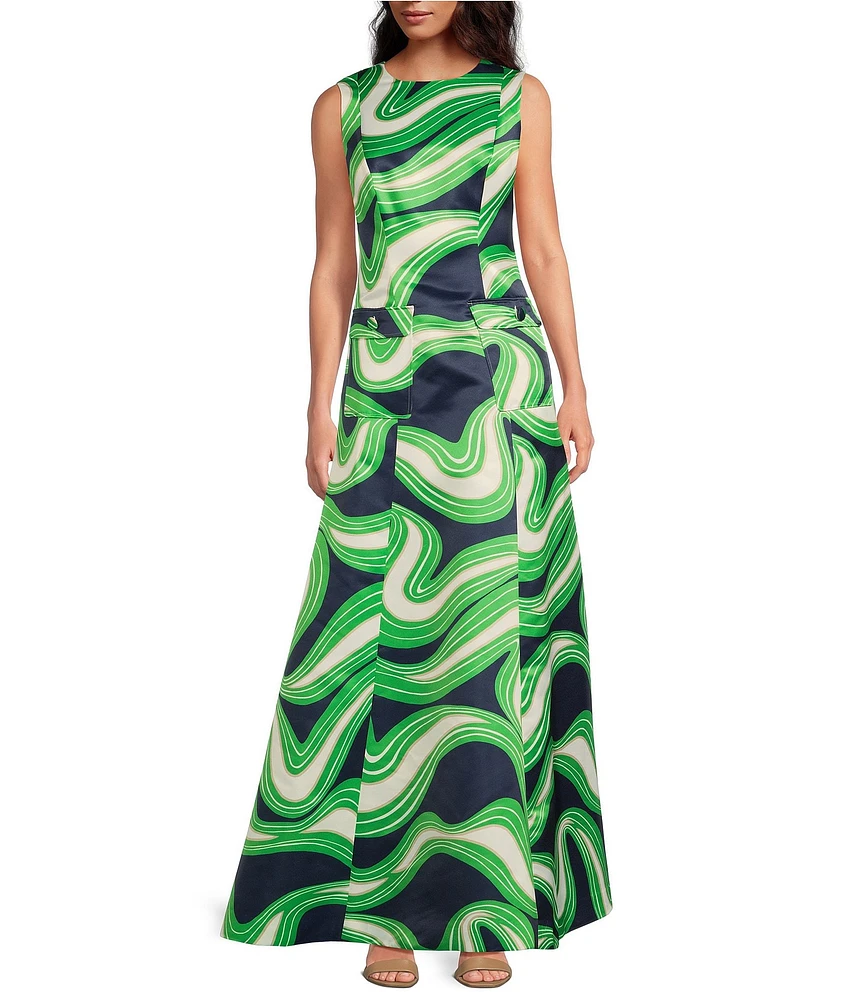 Trina Turk Guinevere Printed Satin Round Neck Sleeveless Dress