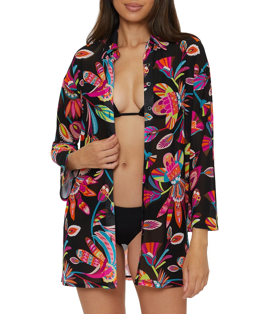 Trina Turk Luminary Printed Mesh Beach Button Front Swim Cover-Up Shirt