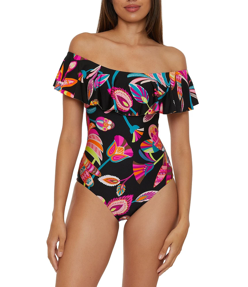 Trina Turk Luminary Printed Off The Shoulder Ruffle Bandeau One Piece Swimsuit