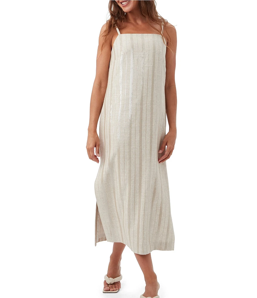 Trina Turk Marita Saint Maxime Linen Blend Sequin Stripe Square Neck Sleeveless Midi Dress