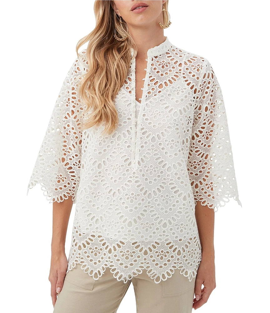 Trina Turk Martigues Lernis Lace Button Mandarin Collar 3/4 Bell Sleeve Top