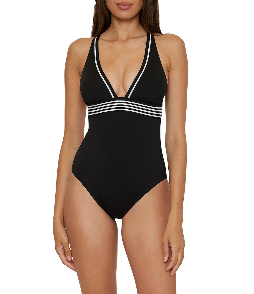 Trina Turk Monaco Peated Halter Plunge One Piece Swimsuit