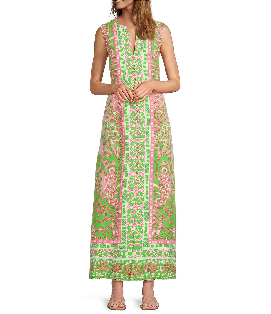 Trina Turk Novak Placed Print V-Neck Sleeveless Button Front Maxi Dress
