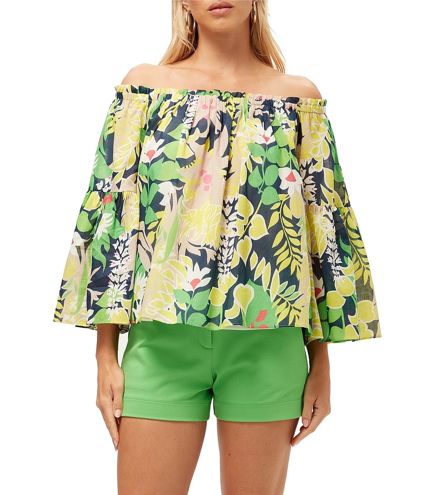 Trina Turk Perry Voile Tropical Palm Spring Print Off-The-Shoulder Long Sleeve Blouse