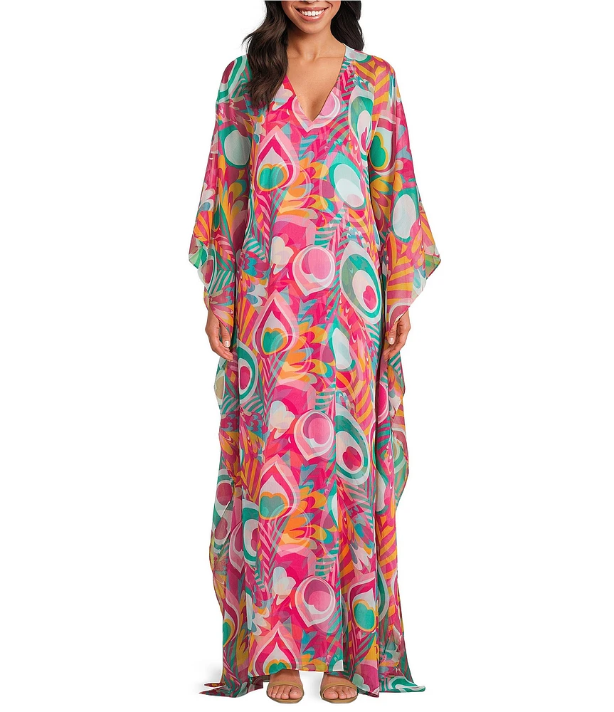 Trina Turk Salon Printed Crinkle Georgette V-Neck Long Sleeve Caftan Salon Maxi Dress