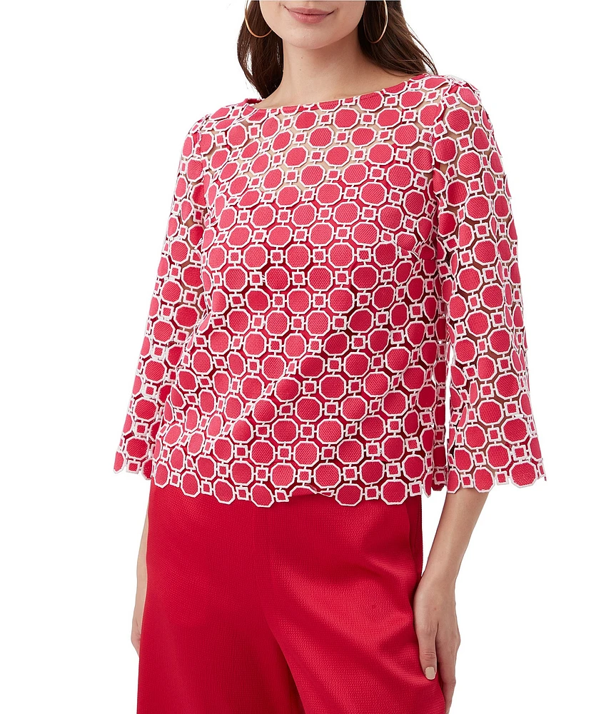 Trina Turk Sun Geometric Lace Boat Neck 3/4 Bell Sleeve Top