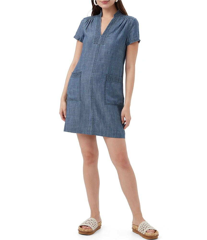 Trina Turk Suntan Chambray V-Neck Short Sleeve Dress