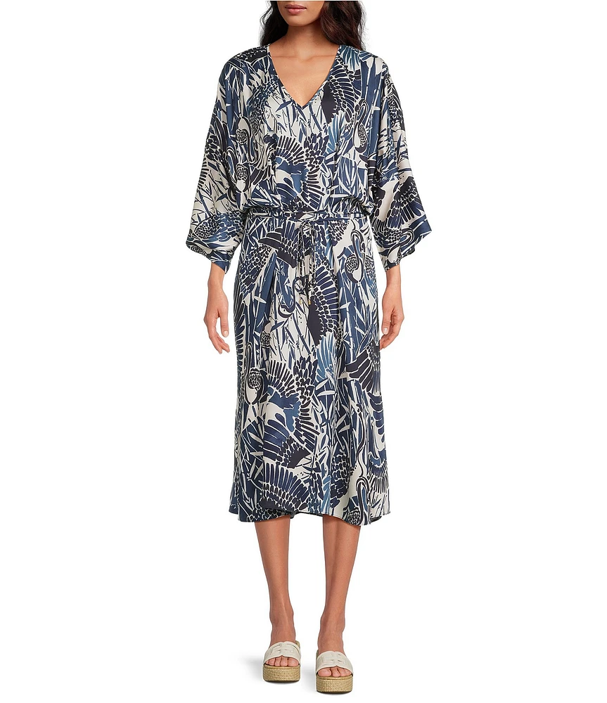 Trina Turk Topspin Printed Satin V-Neck 3/4 Bell Sleeve Wrap Midi Dress