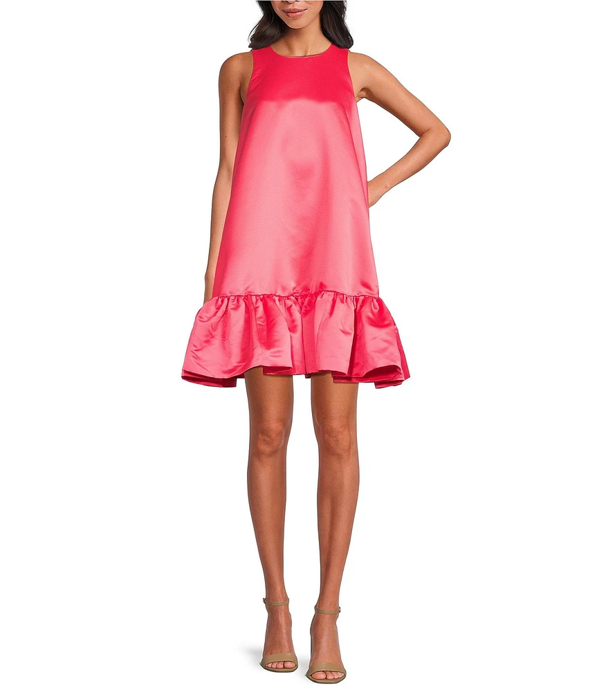 Trina Turk Winner Satin Crew Neck Sleeveless Flounce Ruffle Hem Mini Dress