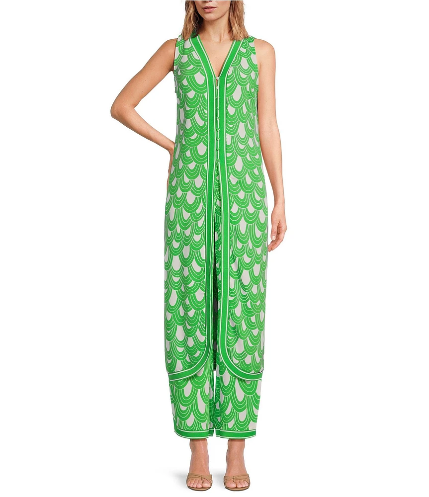 Trina Turk Woven Printed V-Neck Sleeveless Button Front Slice Tunic