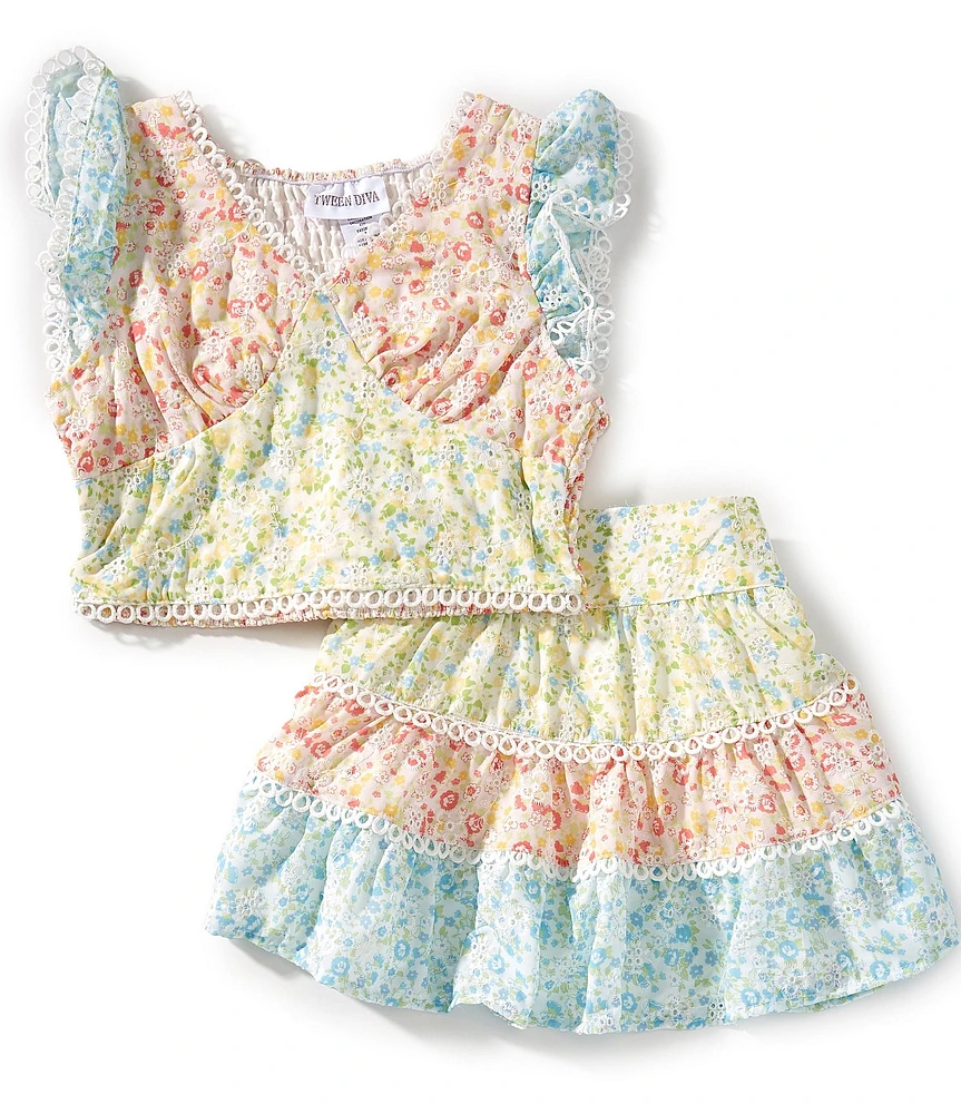 Tween Diva Big Girls Flutter-Sleeve Mixed Floral-Printed Top & Matching Skirt Set