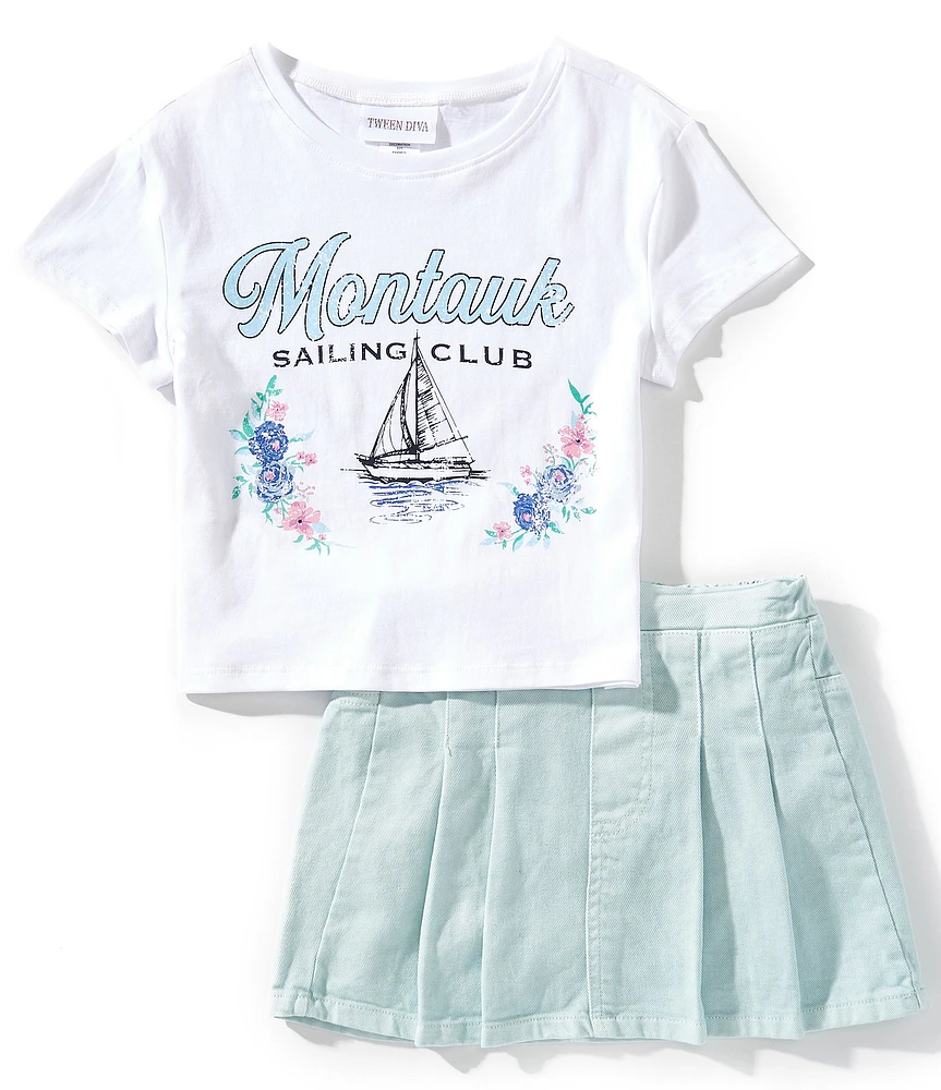 Tween Diva Big Girls Montauk Sailing Club Graphic T-Shirt & Pleated Denim Skirt Two-Piece Set