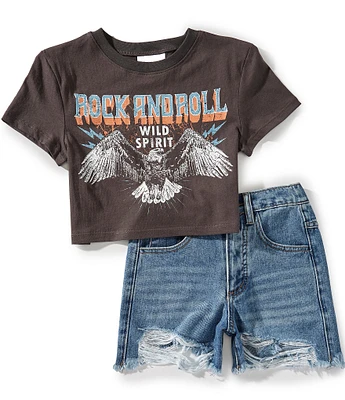 Tween Diva Big Girls Short-Sleeve Rock & Roll Knit T-Shirt & Denim Shorts Set