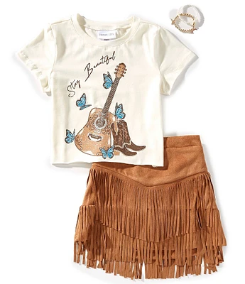 Tween Diva Big Girls Short Sleeve Stay Beautiful Graphic T-Shirt & Fringe-Trimmed Faux-Suede Skort Set