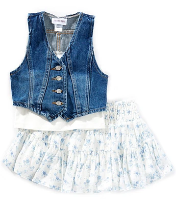 Tween Diva Big Girls Sleeveless Denim Vest, Sleeveless Solid Knit Tank Top & Ditsy-Floral-Printed Voile Skirt Set