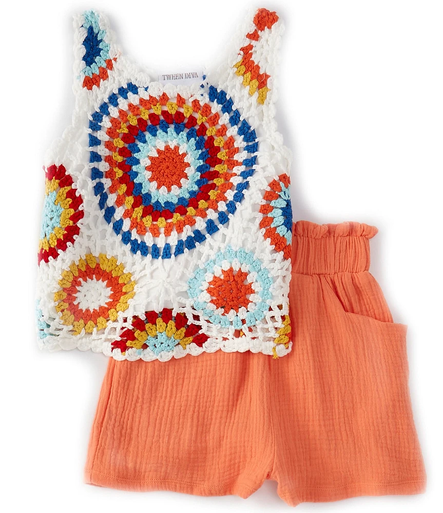Tween Diva Big Girls Crocheted Tank Top & Solid Belted Shorts Set