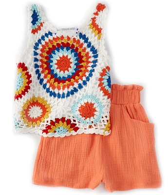 Tween Diva Big Girls Crocheted Tank Top & Solid Belted Shorts Set