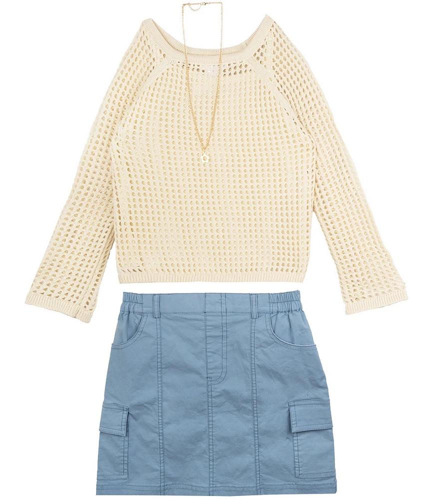 Tween Diva Big Girls Long Sleeve Crocheted Top, Sleeveless Knit Camisole & Twill Utility Skirt Set