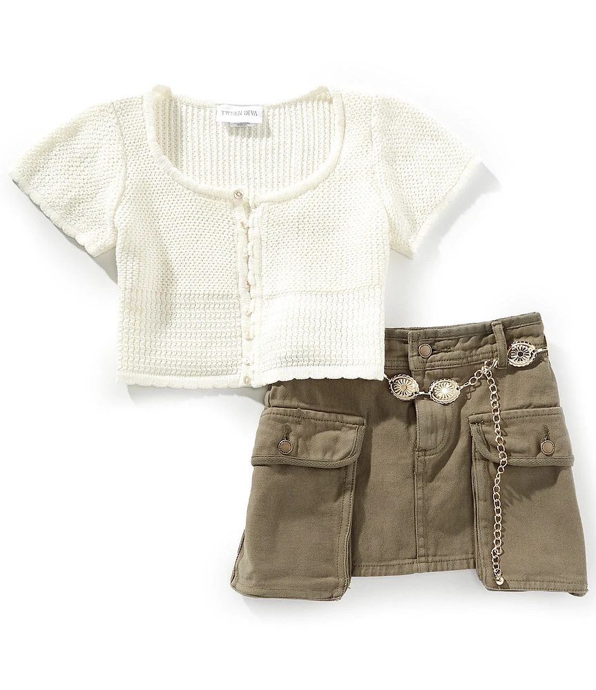 Tween Diva Big Girls Short Sleeve Crocheted Top & Twill Cargo Skort Set