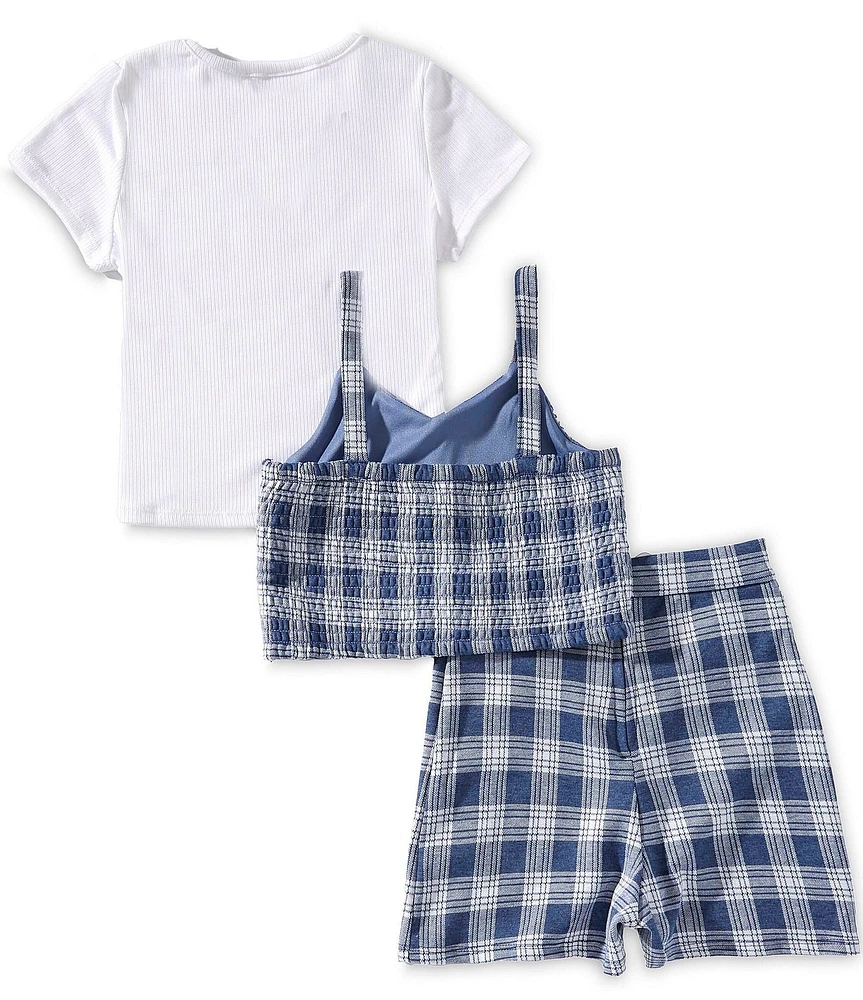 Tween Diva Big Girls Short-Sleeve Solid T-Shirt, Plaid Tank Top & Plaid Shorts Set