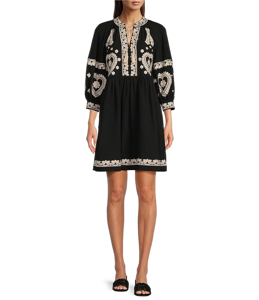 tyler boe Carmen Embroidered Split V-Neck 3/4 Sleeve Dress