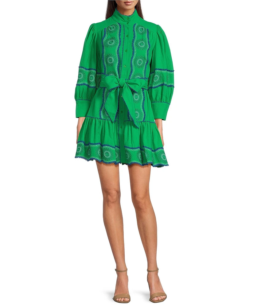 tyler boe Christy Embroidered Funnel Collar 3/4 Sleeve Drop Waist Button Front Dress