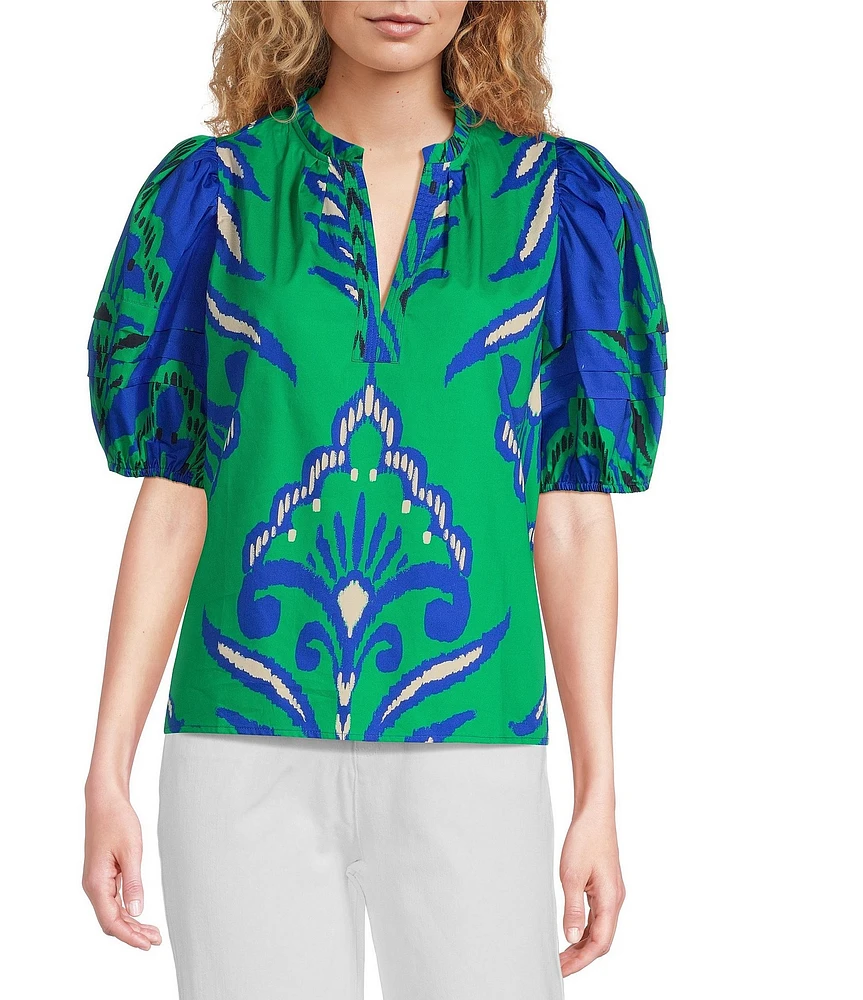 tyler boe Jenna Split V-Neck Ruffle Short Puff Sleeve Top