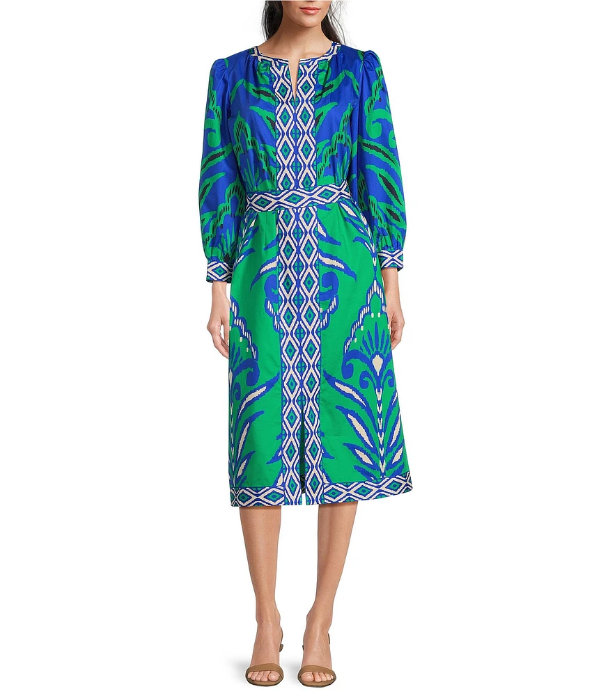tyler boe Kelsey Printed Notch Neck Puff Shoulder Bracelet Sleeve Midi Dress