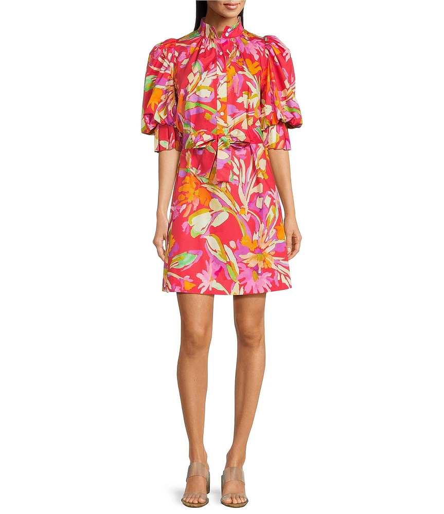 tyler boe Lydia Woven Mandarin Collar Short Puff Sleeve Shirtdress