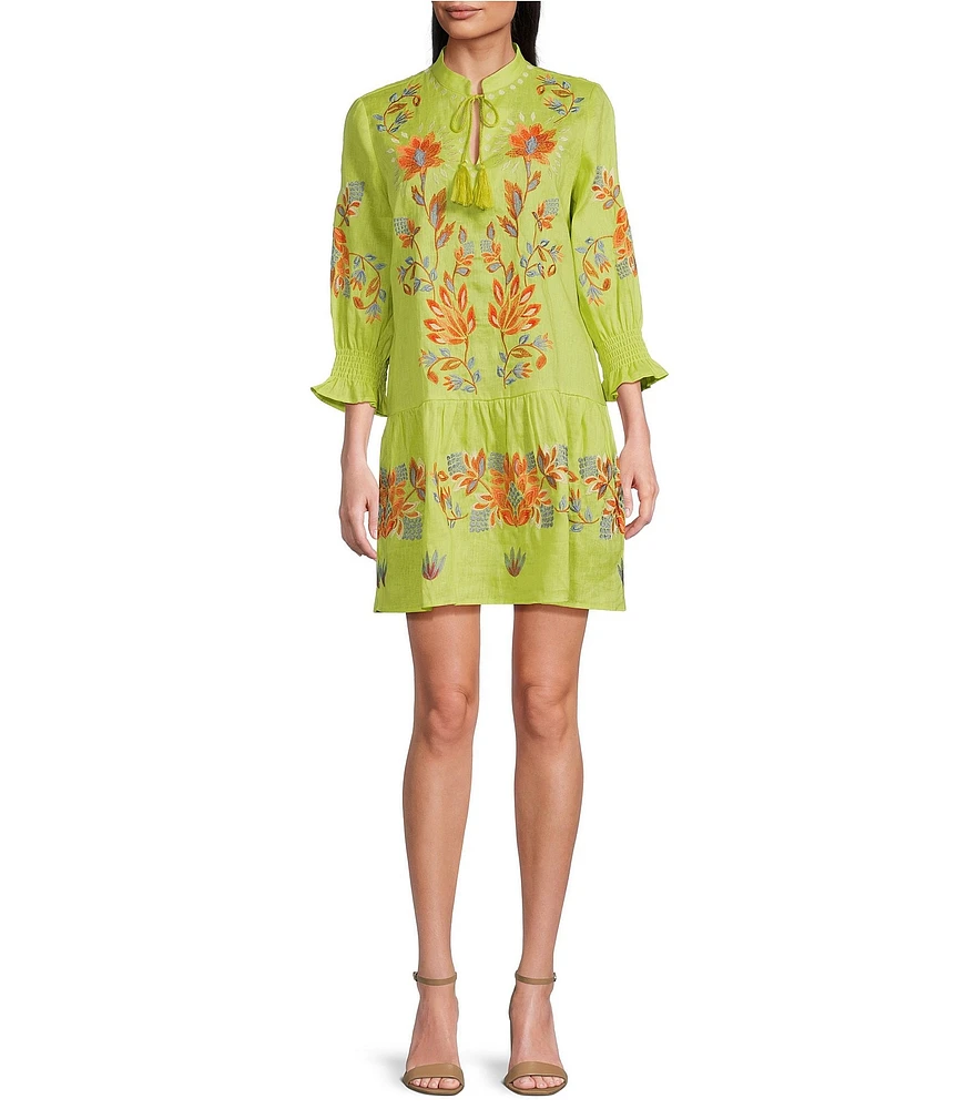 tyler boe Niki Floral Embroidered Split V-Neck 3/4 Sleeve Drop Waist Dress