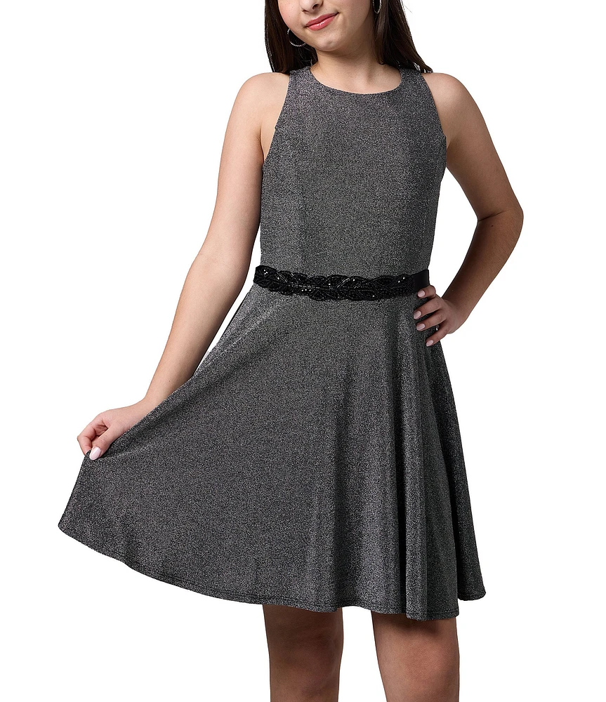 Un Deux Trois Big Girls Glitter Knit Racerback Jeweled Waist Dress