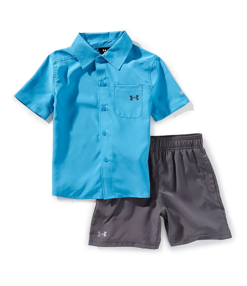 Under Armour Little Boys Spread Collar Woven Fish Shirt & Shorts 2-Piece Set